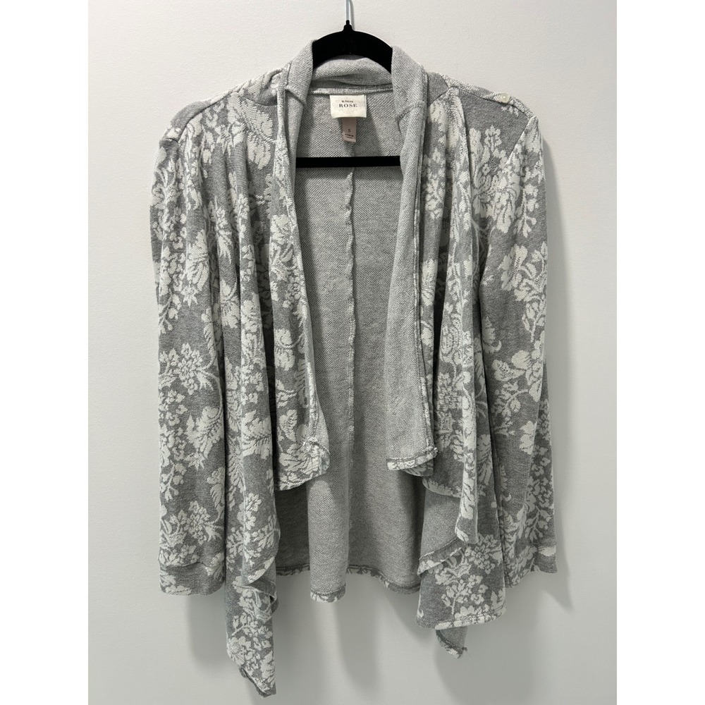 Knox Rose Womens Grey Floral Damask Open Front Draped Waterfall Cardigan Small